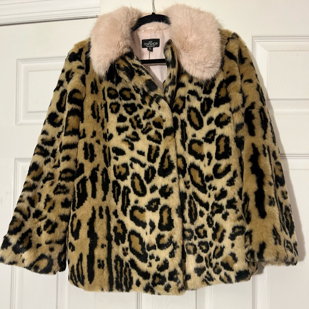 Topshop Leopard Faux Fur Coat with Pink Collar
